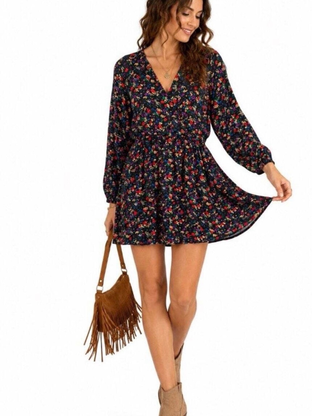 GAP Black Floral Long-Sleeve V-Neck Mini Dress